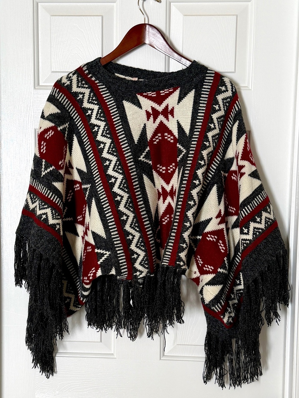 Raga Womens XS Aztec Geometric Fringe Poncho Sweater Boho Western Knit